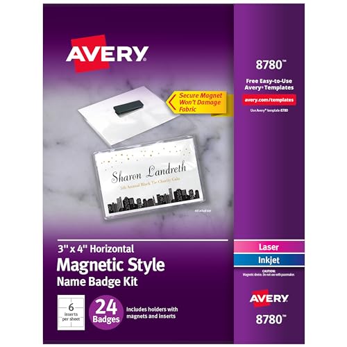 Avery Customizable Name Badges with Magnets, 3" x 4", Clear Name Tag Holders with White Printable Inserts, 24 Magnetic Name Badges (8780)