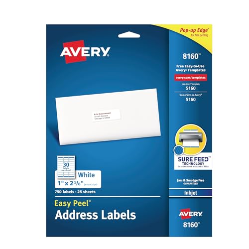 Avery Easy Peel Address Labels, Inkjet Printers, White, 1" x 2-5/8", Box of 750 Labels (08160)