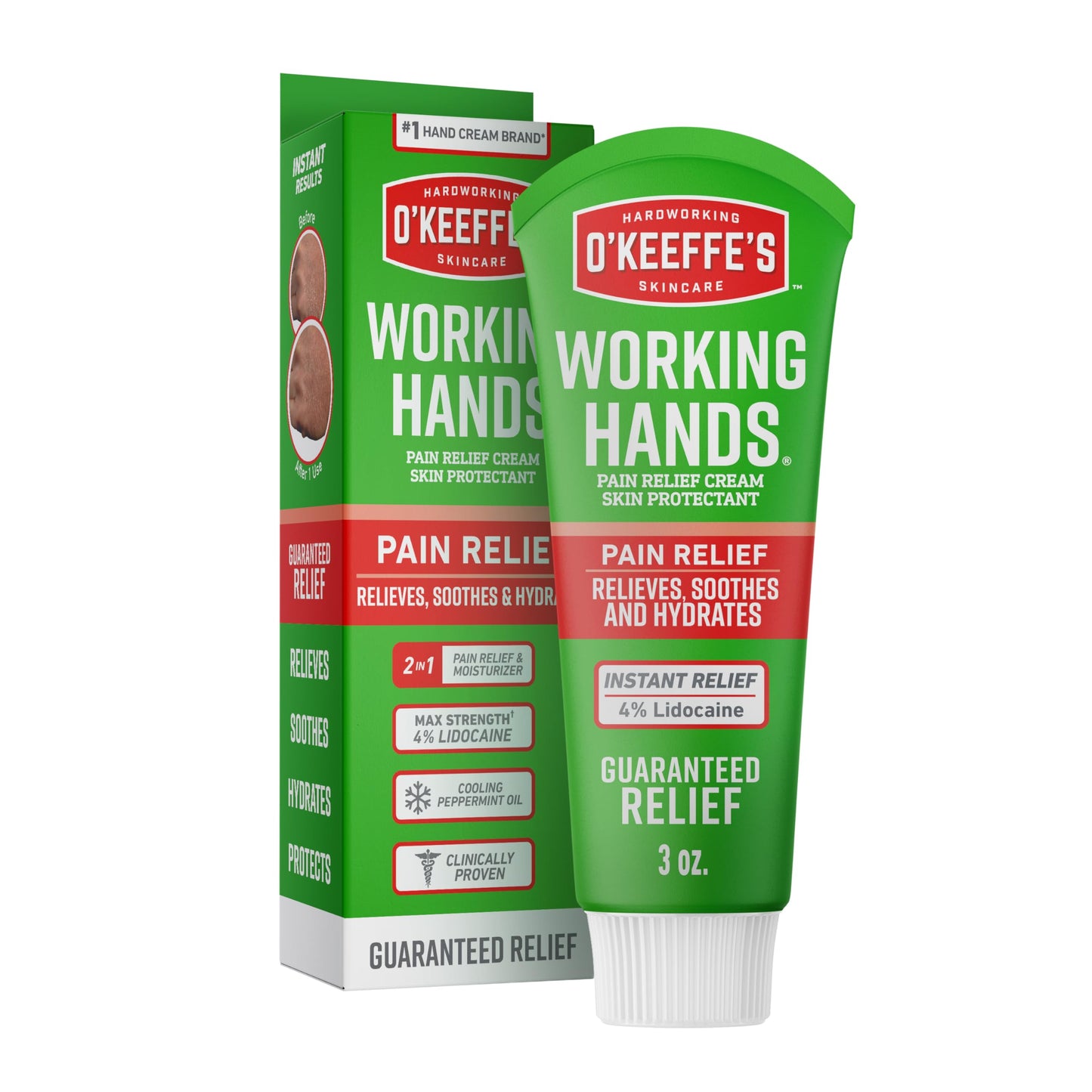 O'Keeffe's Working Hands Pain Relief Cream Skin Protectant with 4% Lidocaine and Cooling Peppermint Oil for Instant Relief from Pain, Itching, Irritation and Dryness, 3oz Tube