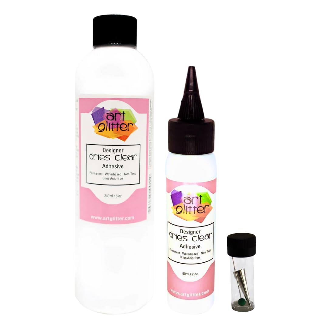 Art Institute Glitter Designer Dries Clear Adhesive Clear Glue Kit Bundle-3 Items 8oz,2oz and Metal Tip, Multicolored