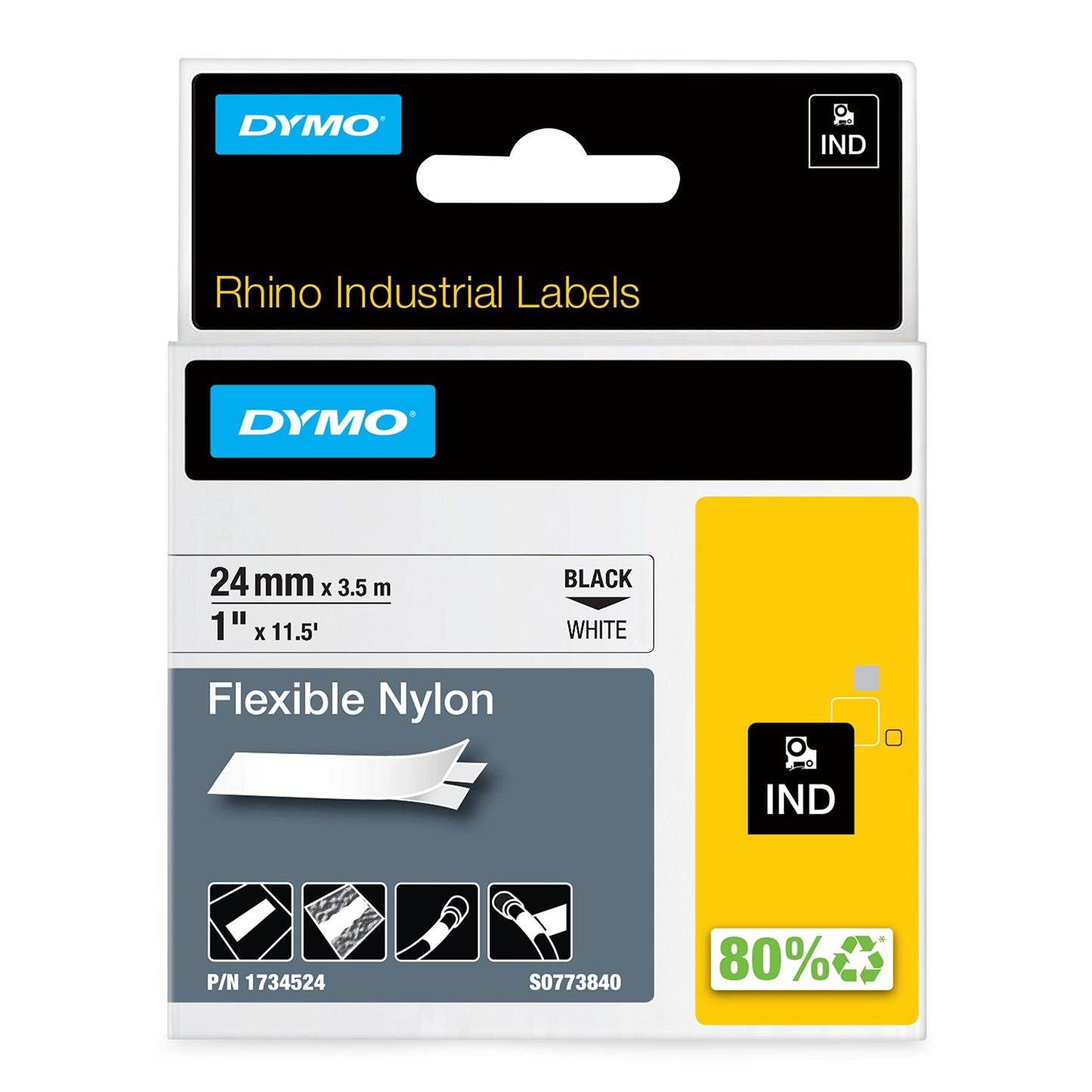 DYMO Industrial Labels, 1", Flex Nylon, Black on White, 1734524