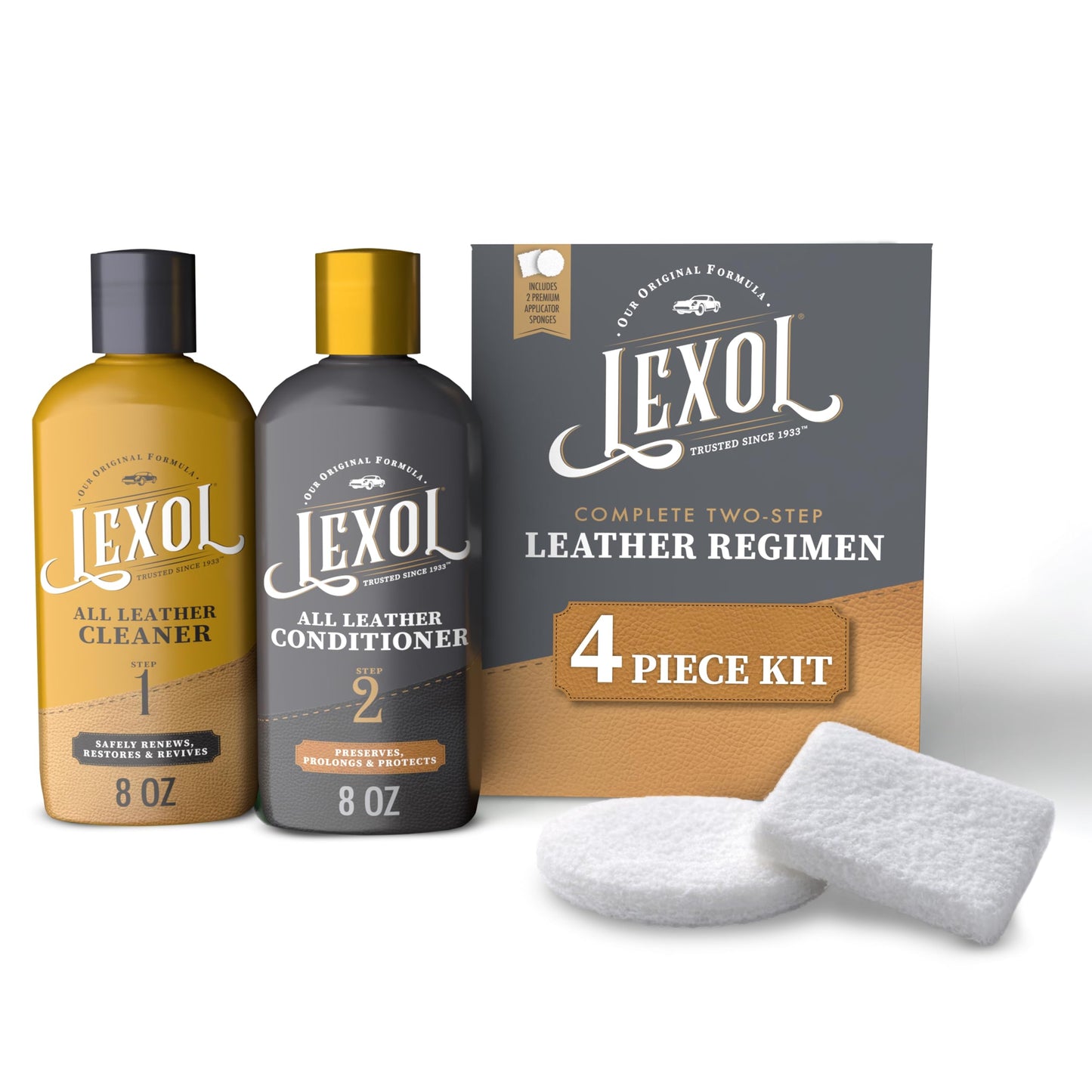 Leather Cleaner and Conditioner Kit by Lexol for Furniture Car Interiors Shoes Handbags, leather cleaner and conditioner two-step system with 2 sponges, 8 oz each