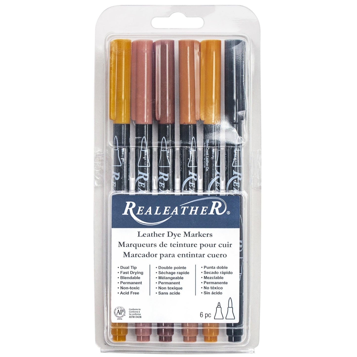 Realeather F2400-05 Leather Dye Pens, Double Sided with Fine and Brush Tips, Bright Colors, 6-Pack