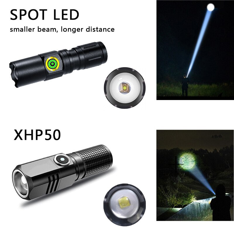 XHP50 LED USB C Rechargeable Mini 16340 18650 Battery Flashlight 1500lm Powerful Torch Can Be Closed with One Click
