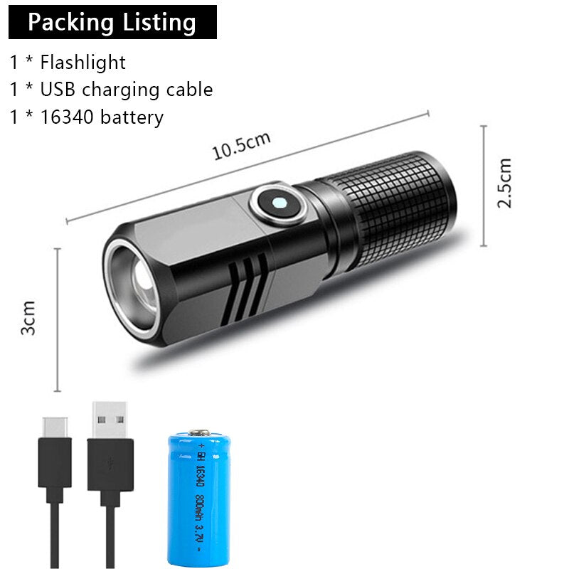 XHP50 LED USB C Rechargeable Mini 16340 18650 Battery Flashlight 1500lm Powerful Torch Can Be Closed with One Click