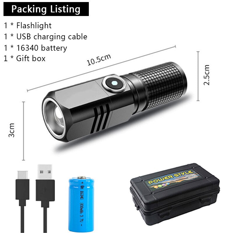 XHP50 LED USB C Rechargeable Mini 16340 18650 Battery Flashlight 1500lm Powerful Torch Can Be Closed with One Click