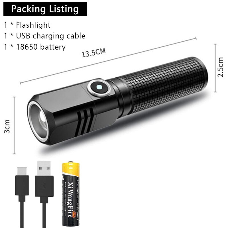 XHP50 LED USB C Rechargeable Mini 16340 18650 Battery Flashlight 1500lm Powerful Torch Can Be Closed with One Click