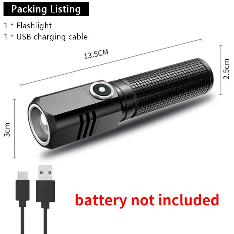 XHP50 LED USB C Rechargeable Mini 16340 18650 Battery Flashlight 1500lm Powerful Torch Can Be Closed with One Click