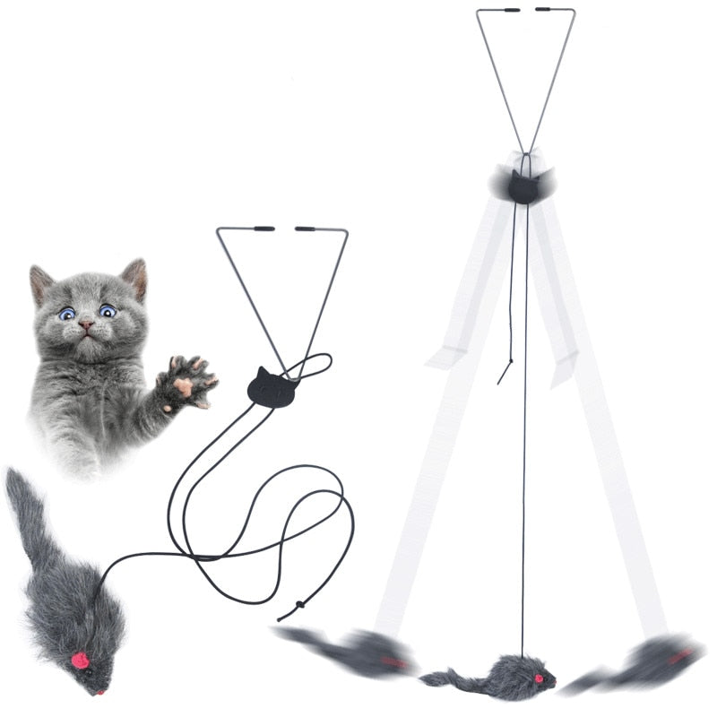 Adjustable Elastic Mouse Toys Interactive Door Window Hanging Mice Butterfly Flutter Teaser Self Palying Pet Toys for petss