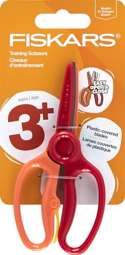 Fiskars Training Scissors for Preschoolers Ages 3+, Small Kids Safety Scissors with Training Lever, Easy to Use, Preschooler Art Supplies, Back To School, Red