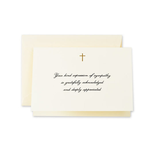 Crane & Co. Hand Engraved Gold Cross Sympathy Acknowledgement Note (CF1445), Ecruwhite, Pack of 10
