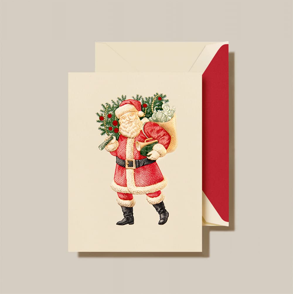 Crane & Co. Classic Santa Christmas Greeting Card, Natural White/ Red,Green, Gold, 5 1/2 x 7 3/8