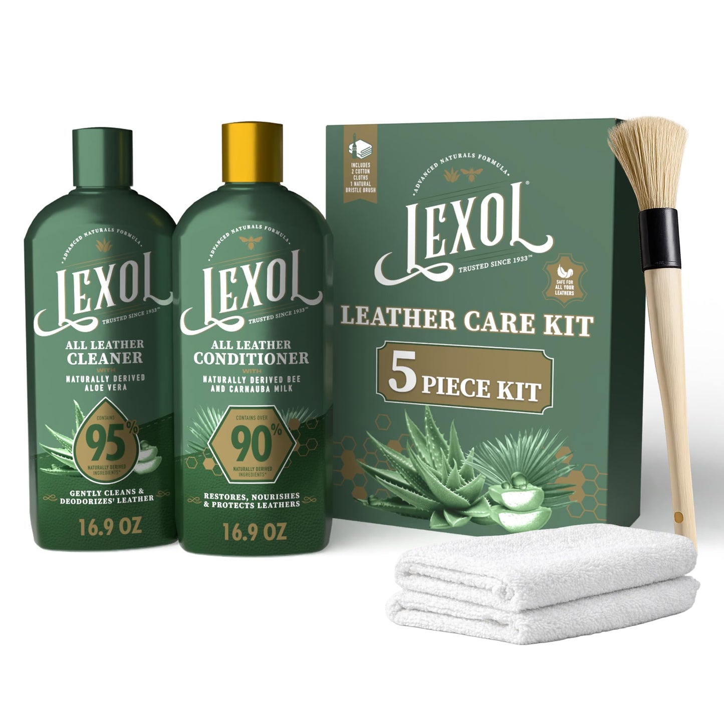 Lexol All Leather Care Kit - 5-Piece Natural Leather Cleaner & Conditioner with Aloe Vera, Bee Milk, Cloths & Brush for Car Seats, Furniture, Jackets, Bags & Boots, Gift for leather lovers