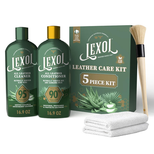 Lexol All Leather Care Kit - 5-Piece Natural Leather Cleaner & Conditioner with Aloe Vera, Bee Milk, Cloths & Brush for Car Seats, Furniture, Jackets, Bags & Boots, Gift for leather lovers
