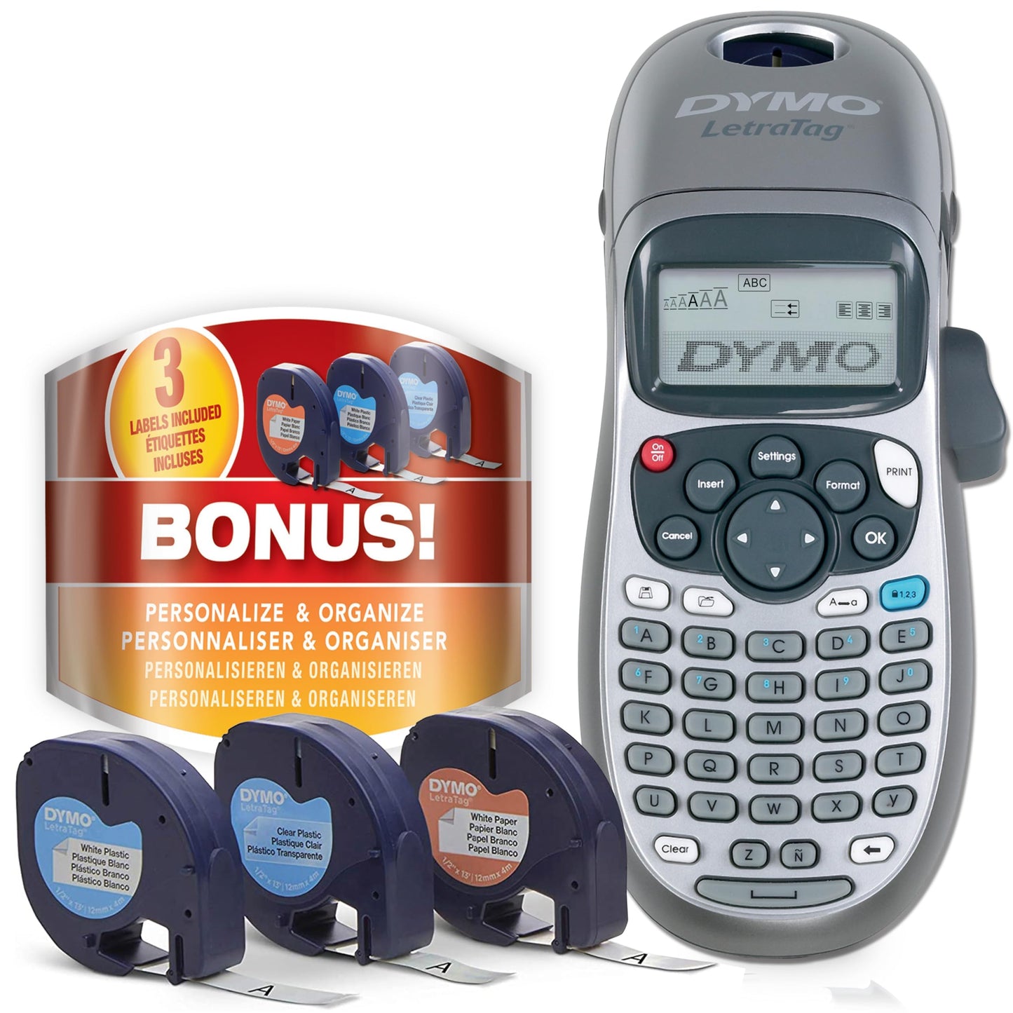 DYMO Label Maker Machine with 3 Tapes - 100H LetraTag Handheld, Includes 3 LT Label Tapes, Perfect for Home & Office Organization