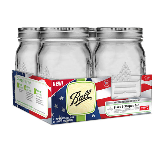 PY01 Storage Bottles And Jars Ball Keepsake USA Stars and Stripes Regular Mouth Canning Jars 1 pt (Pack of 4)