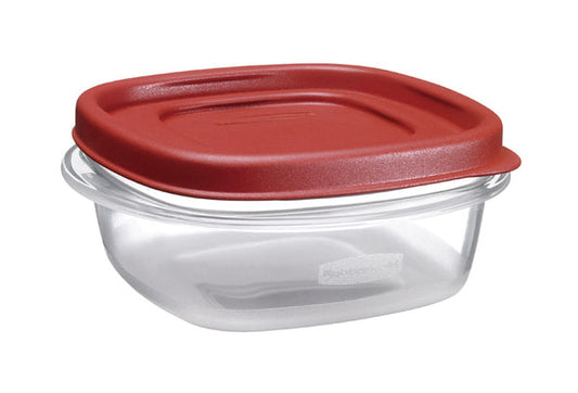 PY01 Storage Boxes Rubbermaid 1.25 Cup Clear Plastic Square Food Storage Container 2.2 H x 5 W x 5 L in. with Red Lid